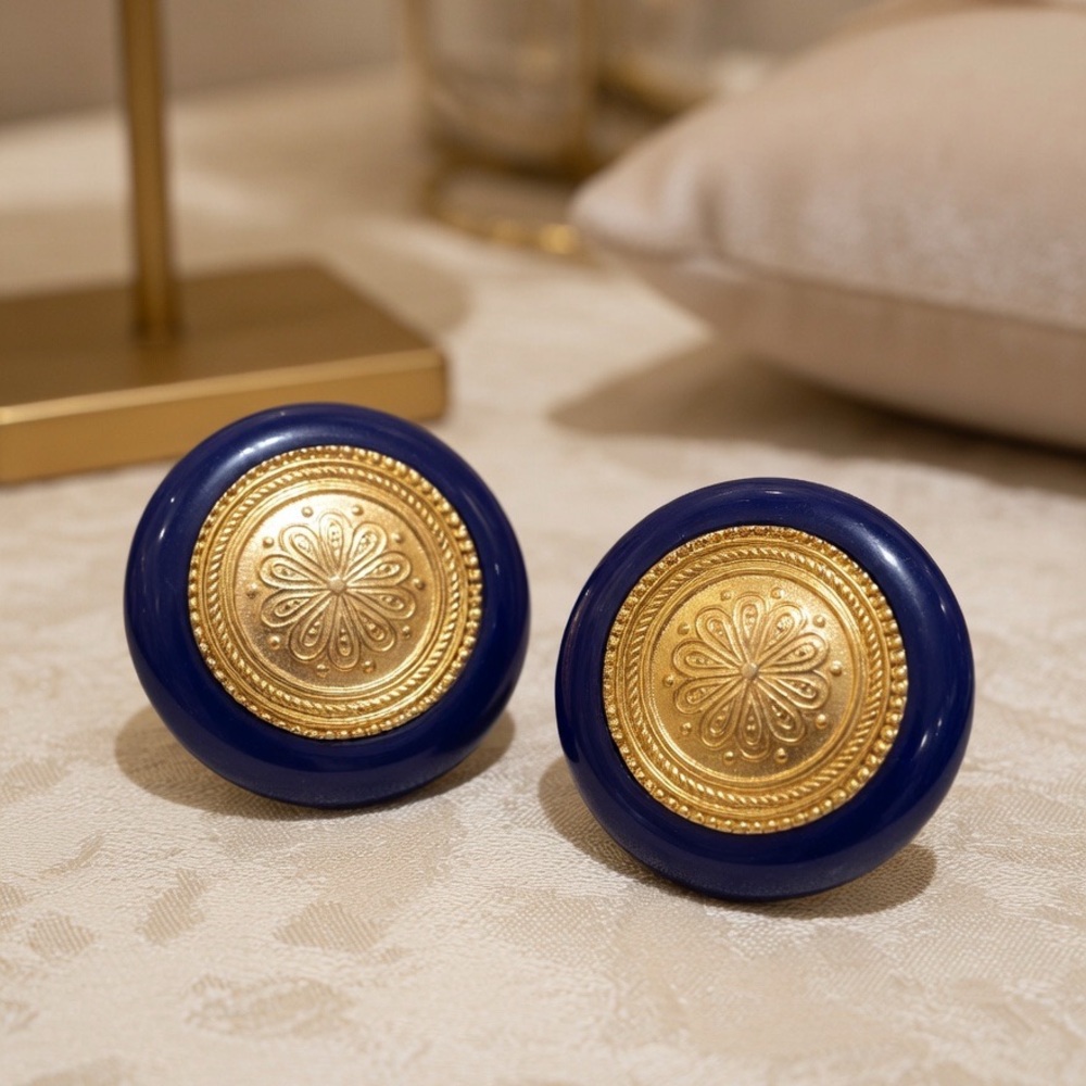 Vintage Blue Gold Medallion Clip on Earrings Large Statement Retro 80s Cocktail